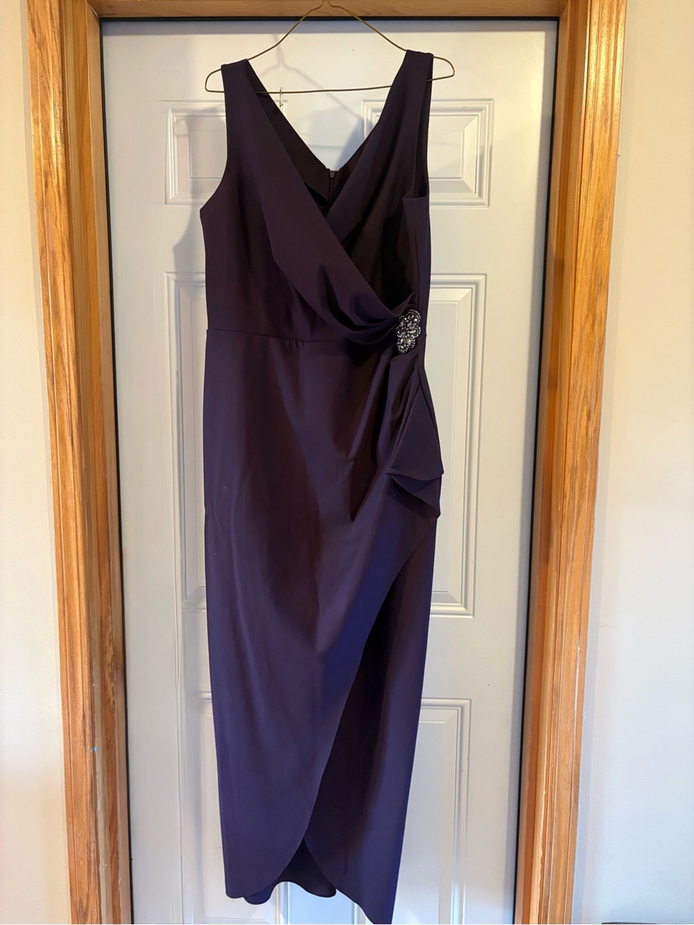 Alex Evenings Deep Plum Sleeveless Midi Dress with Draped Side Brooch